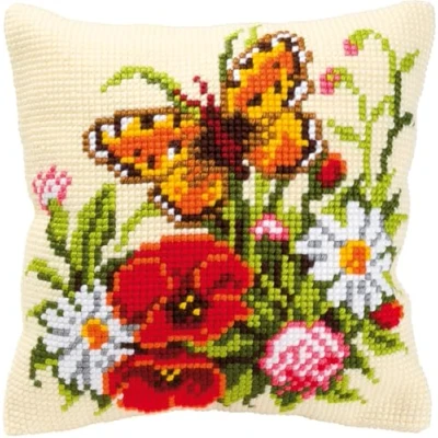 Afbeelding van Borduren kussen bloemen en vlinder 0008548