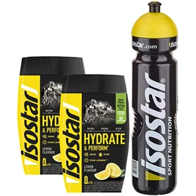 Afbeelding van Isostar Hydrate &amp; Perform citroen 2 x 400 g poeder verpakkingen aanbiedingen + 1000 ml originele drinkfles