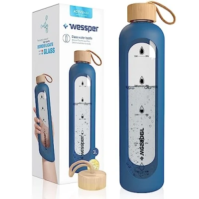 Image de Wessper Bouteille d’eau 1L de Motivation en verre avec temps horaire, Sans BPA, Gourde hermétique 1000 ml couvercle bambou réutilisable housse silicone Bleu