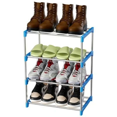 Afbeelding van Magrimaxio Schoenenrek met 4 niveaus, stapelbaar, schoenenkast van metaal, voor 8 paar, schoenenhouder entree, woonkamer, slaapkamer, kleedkamer, hal (blauw)