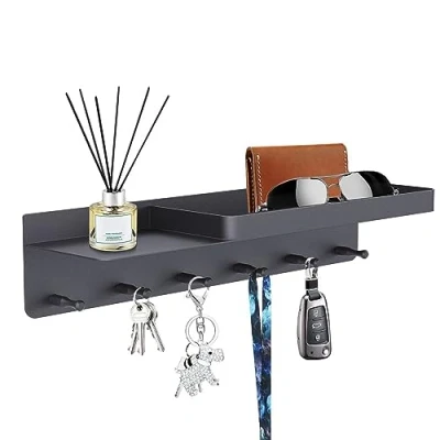 Afbeelding van Sleutelrek met plank, wandsleutelbord 6 haken, decoratieve sleutelhouder voor entree, mudroom, hal, keuken, kantoorpatent (zwart)