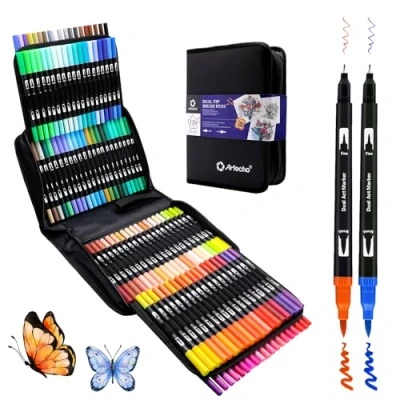 Afbeelding van Artecho Set van 120 penseelstiften met dubbele punt voor volwassenen, kleurboeken, kalligrafie, tekenen, schetsen, nylon kunstenaars, beginners