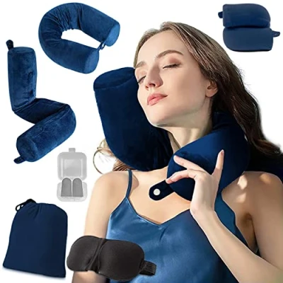 Afbeelding van Reisnekkussen Memory Foam Reiskussen voor neksteun Kussen kan buigen nek, kin, taille, knie, hoofdsteun, geschikte bussen, treinen, bed, kantoor (marineblauw)