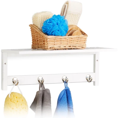 Afbeelding van Relaxdays wandrek met 4 haken garderobe handdoekenhouder plank/haakjes