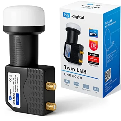 Afbeelding van HB DIGITAL Universal Twin LNB zwart UHD 4K Full HD DVB S/S2 0,1 dB geluidsfactor voor twee satellietontvangers (directe verbinding) vergulde contacten weerbestendig