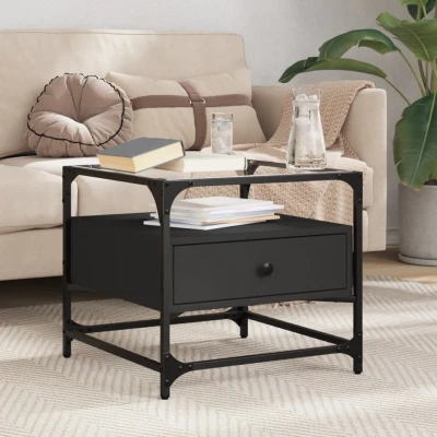 Afbeelding van Salontafel met zwart glazen blad 50x50x45 cm staal
