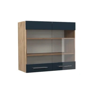Afbeelding van Vicco Glazen keukenkast Fame Line, Donkerblauw hoogglans/Krachtige eik goud, 80 cm