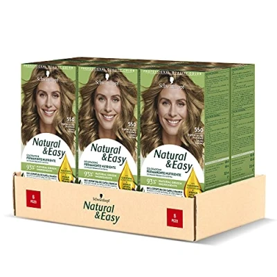 Image de Schwarzkopf, Natural &amp; Easy Lot de 6 teints capillaires permanents nourrissants avec huile d&#039;olive et extrait lavande, couverture cheveux blancs, teinte 550 blond foncé naturel