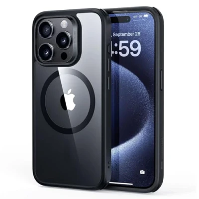 Afbeelding van Hybrid HaloLock Hoesje Geschikt voor Apple iPhone 15 Pro Max Compatibel met MagSafe en Back Cover Magneet Clear Zwart