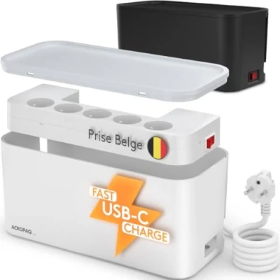 Afbeelding van ACROPAQ Kabelbox inclusief stekkerdoos en USB lader 5 x Type E AC stopcontacten + 1 C 2 A, Met schakelaar Opbergbox, Snellader Iphone Samsung, Kabel organiser