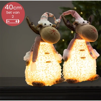 Afbeelding van Roze Handgemaakte Rendieren duo met LED verlichting 40(55)cm