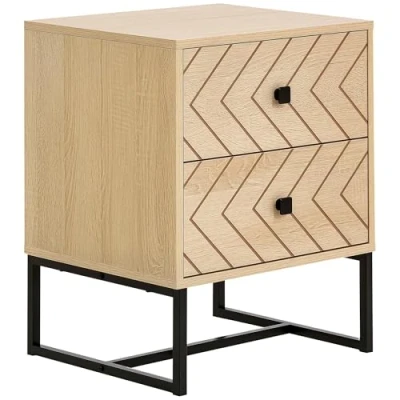 Afbeelding van HOMCOM nachtkastje, grafische stijl, 48 x 39,5 60 cm, 2 laden, metaal, zwart, spaanplaat, MDF, imitatie licht hout