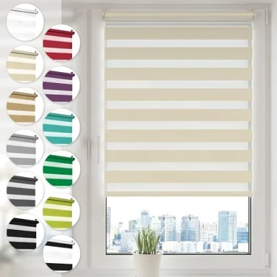 Afbeelding van Sonello Rolgordijn voor dag en nacht, Klemmfix, zonder boren, eenvoudig te installeren met clips raam of deur, zonwering, zebrarolgordijn van dubbele stof, crème, 80 cm x 210