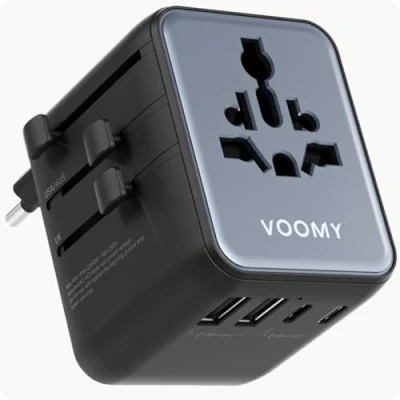 Afbeelding van Voomy Universele Wereldstekker 170+ landen 28W Snellader 3 USB C &amp; 2 A Poorten 2500W Reisstekker Wereld: Amerika (USA), Engeland (UK), Australië, Zuid Amerika, Afrika, Italië, Thailand Zwart