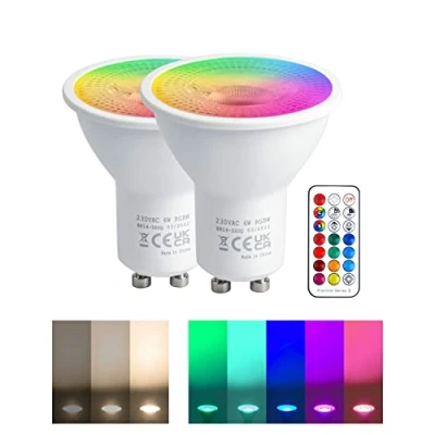 Afbeelding van REYLAX RGB GU10 led lamp, kleurverandering, 5 W, komt overeen met 50 450 lm, warmwit, led, GU10, dimbaar, lampen, afstandsbediening, infrarood, 4 stuks