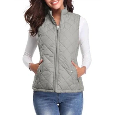 Afbeelding van Fuinloth Mouwloze donsjas voor dames, lichte coltrui, jas met ritssluiting, wintervest, grijs.