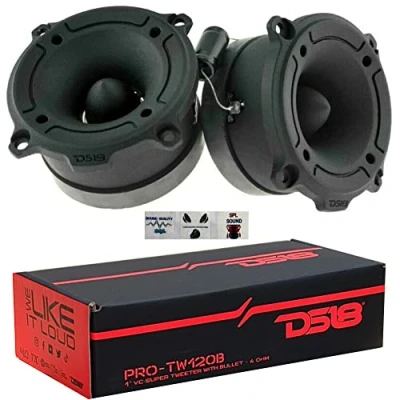 Afbeelding van 2 DS18 PRO TW120B Super Tweeters Bullet aluminium zwart 120 watt rms en 240 max 7,90 cm diameter impedantie 4 ohm gevoeligheid 103 db, per paar + condensatoren 3 cadeaustickers