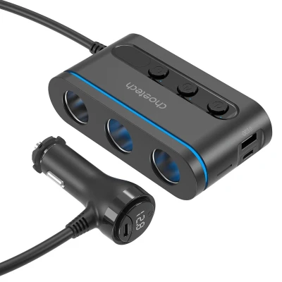Afbeelding van Choetech TC0021 Autolader met 2 USB C Poorten, 1 A Poort en 3 Sigarettenaansteker Aansluitingen Zwart