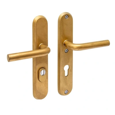 Afbeelding van Intersteel SKG3 veiligheidsbeslag ovaal 250x50mm kruk/kruk Luzern met veerconstructie profielcilindergat 72mm kerntrekbeveiliging PVD messing getrommeld