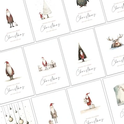 Afbeelding van Set van 30 fantasierijke en milieuvriendelijke kerstkaarten met gerecyclede rode enveloppen