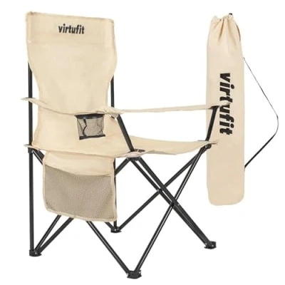 Afbeelding van VirtuFit Opvouwbare Camping Stoel Strandstoel Inclusief Draagtas Geschikt voor Festivals, Campings &amp; Stranden armsteunen Eenvoudig Meenemen en Opzetten Beige