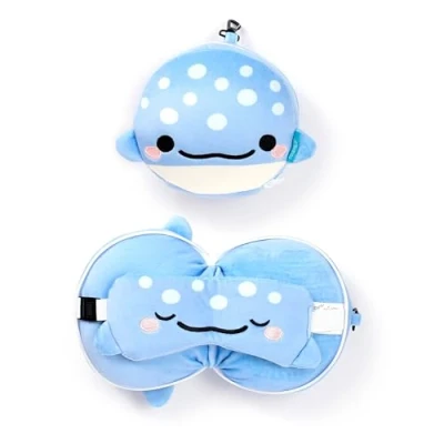 Afbeelding van Relaxeazzz Adoramals Blu the Dolphin Plush Travel Pillow &amp; Eye Mask Nekkussen + Masker Dolfijn Height 17cm Width Depth 11cm Open 16 x 28 6cm