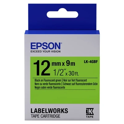 Image de Epson LabelWorks LK 4GBF Noir sur vert Rouleau (1,2 cm x 9 m) 1 cassette(s) bande d&#039;étiquettes pour LW 1000, 300, 400, 600, 700, 900, K400, Z5000, Z5010, Z700, Z710, Z900