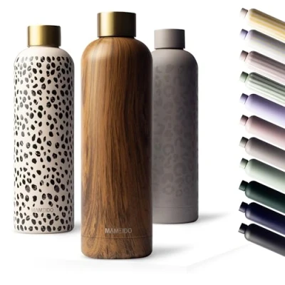 Afbeelding van Mameido Thermosfles 500 ml, Roestvrijstalen geïsoleerde fles, waterdicht, BPA vrij, houdt 24 uur koud, 12 warm (Oak Wood Gold, 0,5 l)