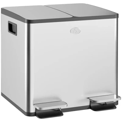 Afbeelding van HOMCOM Dubbele keukenafvalemmer, pedaalemmer van roestvrij staal, 2 softclose deksels, uitneembare binnenemmers en anti vingerafdrukhandgrepen (41,7 x 36,6 43,2 cm)