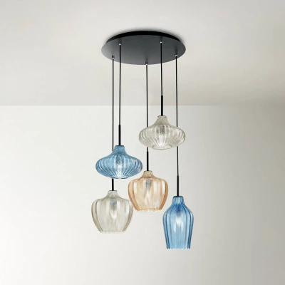 Afbeelding van Hanglamp Olbia, Ø 50 cm, 5 lamps, amber/blauw/beige, glas