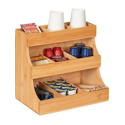 Afbeelding van Relaxdays Koffie organizer met 9 vakken van bamboe, 24 x 26,5 17,5 cm, koffiestation en theezakjes, naturel