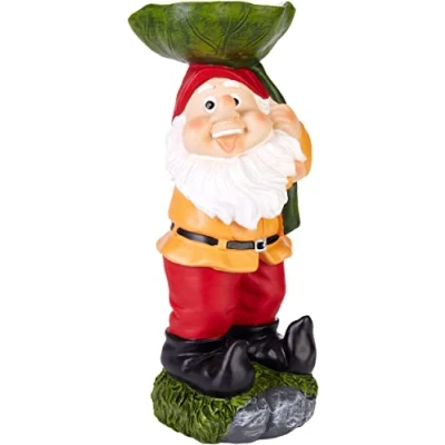 Afbeelding van BRUBAKER Tuinkabouter met Blad voor Waterregen en Vogelvoer Gelukkige Kabouter Grappig Tuinbeeldje Weerbestendige Decoratie Tuin Camping Tuindecoratie Buiten 24 cm