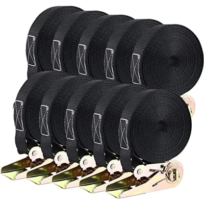 Afbeelding van 10 stuks spanbanden met ratel, 6 m lang, 25 mm ratelriemen, robuuste sjorbandenset, belasting 800 kg, voor het vastzetten van de lading (zwart)