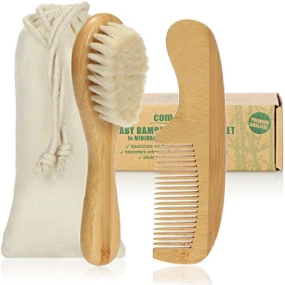 Afbeelding van com four® Babyhaarverzorgingsset mini haarborstel van bamboe met zachte borstelharen wol (hout + schaap)