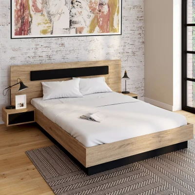 Afbeelding van lit double SANTA 140 x 190 cm tête de avec chevets suspendus et sommier bois noir