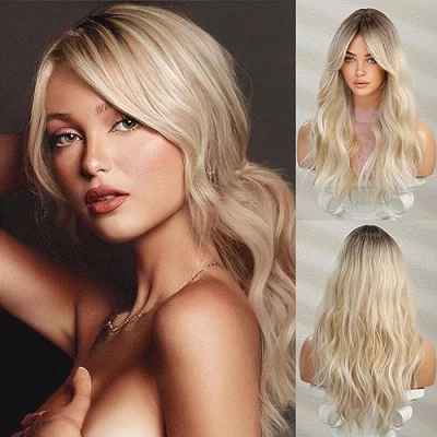 Afbeelding van Honygebia blonde krullende damespruik, ombre wortels, voor vrouwen, glad en golvend, hittebestendig, natuurlijke pruik Halloween/Kerstmis
