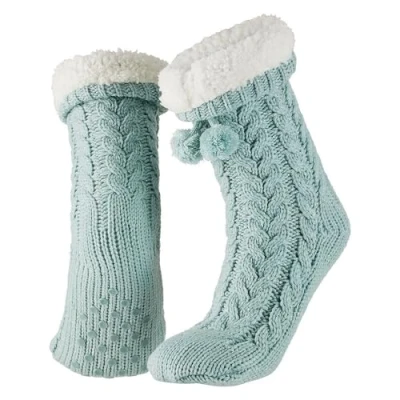 Afbeelding van Apollo Dames Huissokken met bontkraag Glitter Fashion blauw Maat 36/41 Fluffy sokken Slofsokken Anti slip Warme Winter