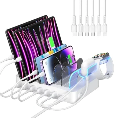 Afbeelding van SooPii USB laadstation voor meerdere apparaten, met 6 poorten, 50 W, kabels en verbeterde i Watch oplaadhouder inbegrepen, telefoons, tablets meer, wit