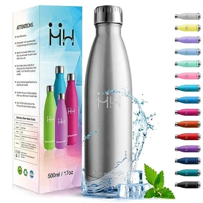 Afbeelding van HoneyHolly Dubbelwandige thermosfles, roestvrijstalen waterfles, 500 ml, BPA vrij, druppelvrij, voor sportschool, school, sport, kantoor