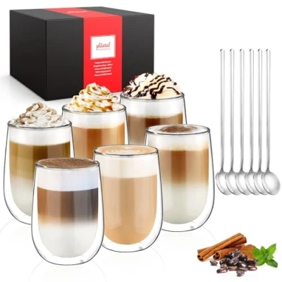 Afbeelding van 350 ml dubbelwandige latte macchiato glazen, set van 6 koffiekopjes voor cappuccino, latte, thee, ijsthee, Iced Americano, melk, sap, bier