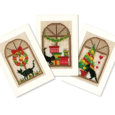Afbeelding van Borduur wenskaarten Kerstsfeer poezen 3 st 0150427