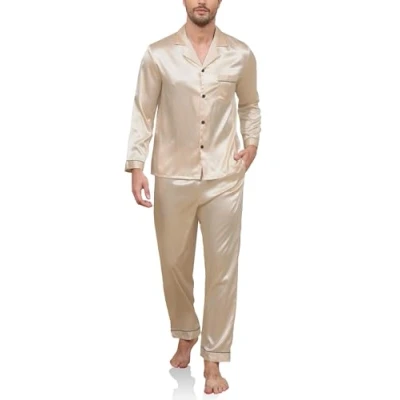 Afbeelding van Reliwel Zijden pyjamaset voor heren, overhemd met lange mouwen en broek, zijdeachtige tweedelige pyjamaset, gekerfde kraag, nachtkleding S XXL, Champagne