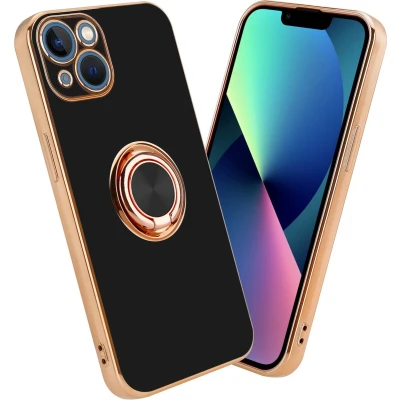 Afbeelding van Cadorabo Hoesje geschikt voor Apple iPhone 14 in Glossy Zwart Goud met ring Beschermhoes van flexibel TPU silicone Case Cover camerabescherming en magnetische autohouder