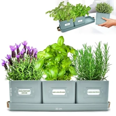 Afbeelding van Green Thumbz Set van 3 kruidenpotten voor keukenvensterbank, groenblauw, met leren handgreep, ideaal kruidentuin, planten en bloemen, etiketten