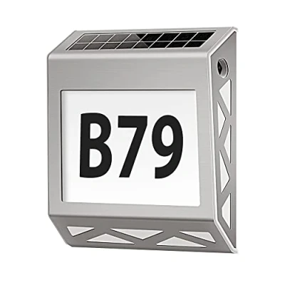 Afbeelding van YOHAYO huisnummer op zonne energie met 8 leds, schemeringsschakelaar, roestvrij staal, wit, IP54, waterdicht, voor buiten, nummers 0 9 en letters A E (zilver)