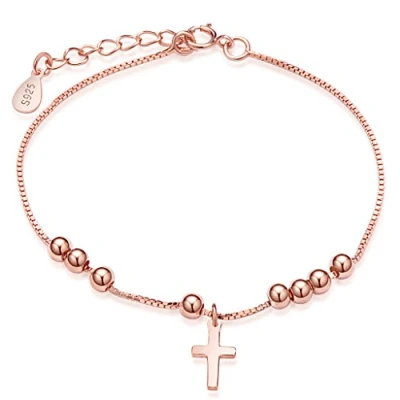 Afbeelding van Infinite U armband het eenvoudige kruis en de druppels van fijnste sterling zilver S925 kleur roségoud lengte is verstelbaar voor dames meisjes als cadeau, zilver, Zonder steen, zilverkleurig, steen