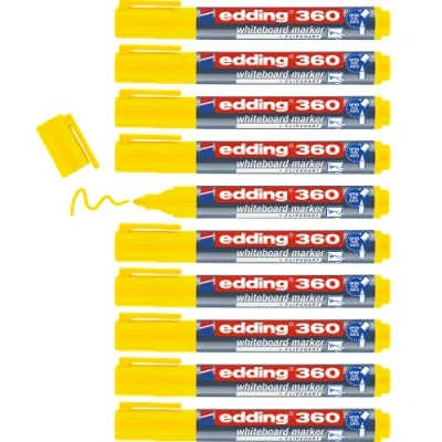 Afbeelding van edding 360 whiteboard markers, geel, 10 stiften, ronde punt, 1,5 3 mm, afwasbare viltstift, voor whiteboards, magnetische, memo en conferentiesezel