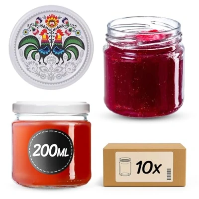 Afbeelding van KADAX Lot de 10 petits bocaux à confiture, 200 ml, mini ronds pour miel et épices, hermétiques, conservation en verre 66 mm (coq)