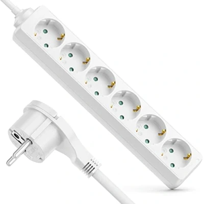Afbeelding van deleyCON Stekkerdoos met 6 vakken platte stekker, netklem voor gebruik binnenshuis, kabel van 1,4 m, contactstekker, robuuste kunststof behuizing, wit