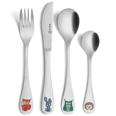 Afbeelding van Sola Bosdieren Kinderbestekset 4 Delig Kinder Bestek Zilverwit Edelstaal 18/10 Kraamcadeau Baby cadeau Niet Vaatwasserbestendig Zilver